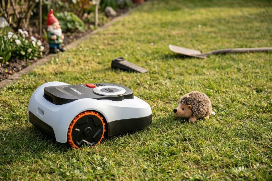 Segway Navimow i2 LiDAR Mähroboter weicht einem Hindernis auf dem Rasen aus. Das VisionFence-System erkennt über 200 Objekttypen auf 1 cm Genauigkeit im Smart Home Fox Test.